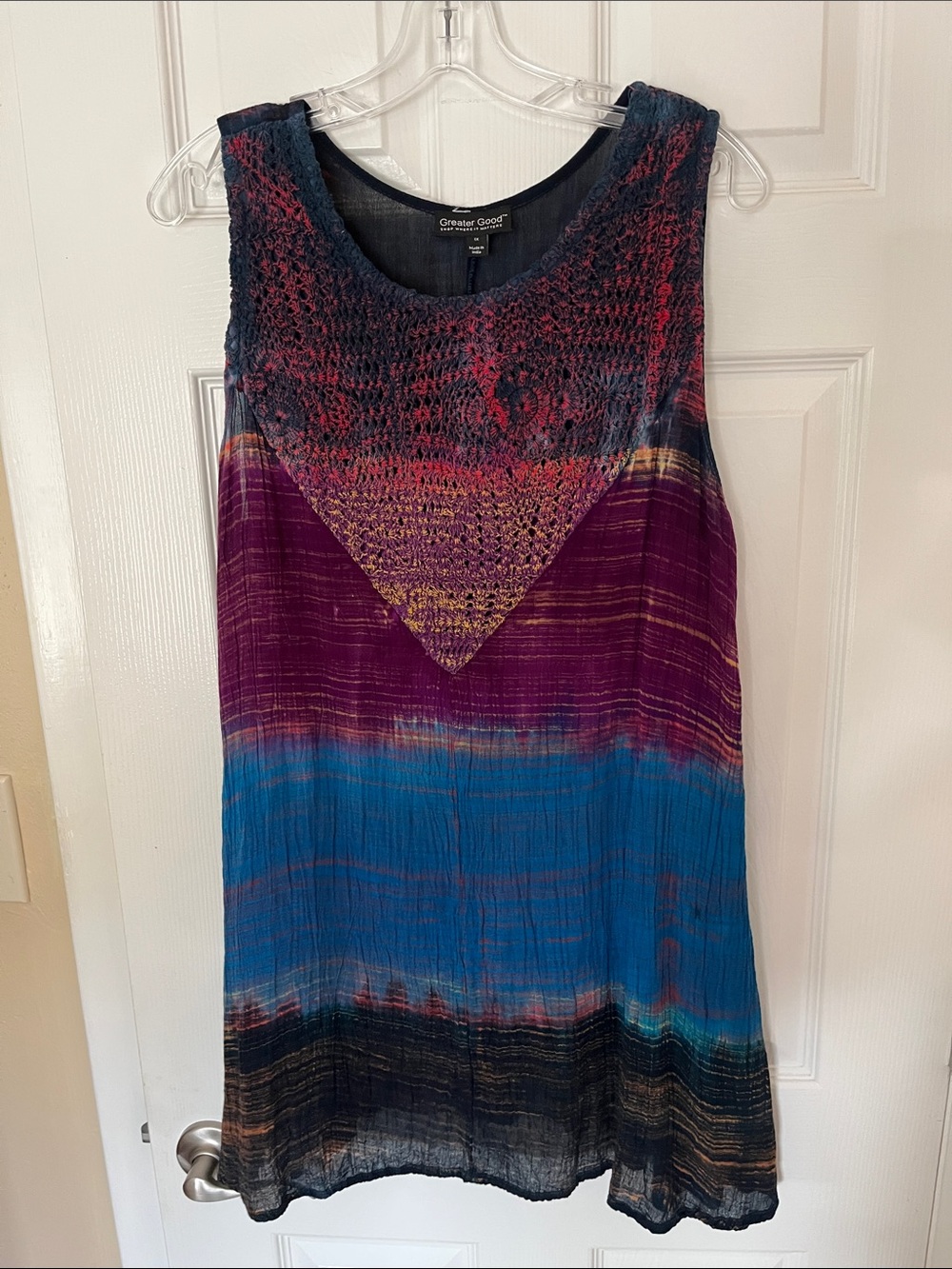 Greater good pull over tunic style tie-dye, crochet top sleeveless bohemian 1X